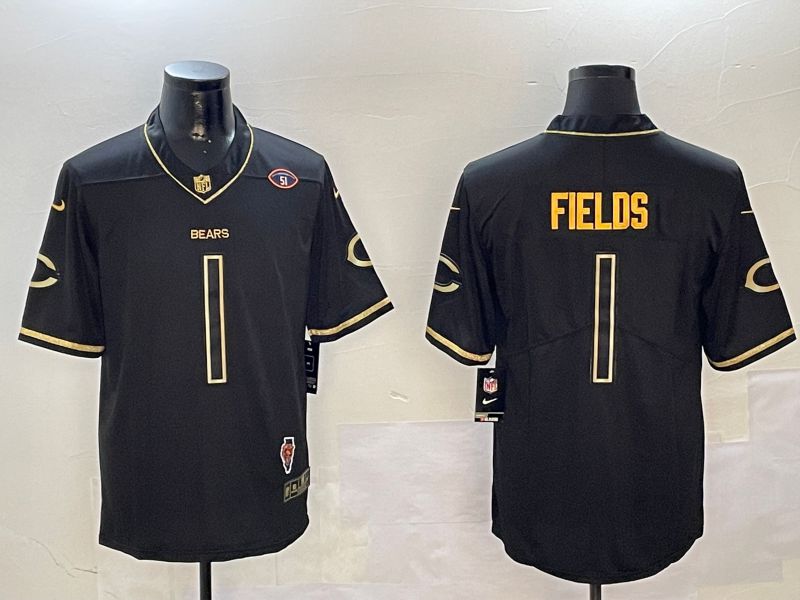 Men Chicago Bears #1 Fields Black Gold Throwback 2024 Nike Limited NFL Jersey style 4